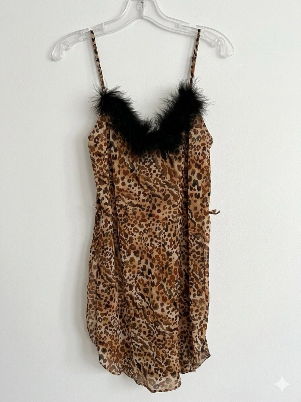 Vintage Fantasies by Morgan Taylor Leopard Slip Dress Marabou Feather Trim M
